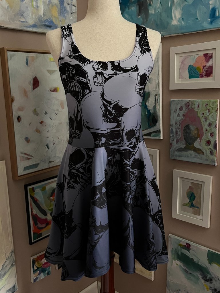 Elliz Black Purple Skull Print Skater Mini Dress Fit Flare Size M Goth Emo